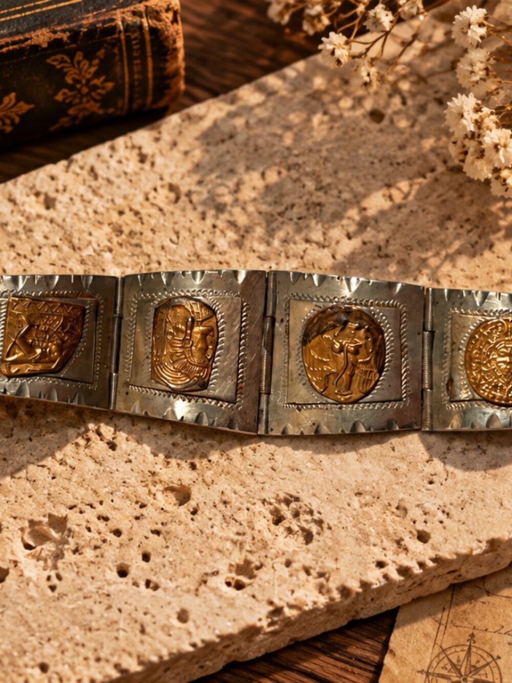 Vintage Mexican Sterling Silver 925 Aztec Mayan Panel Bracelet